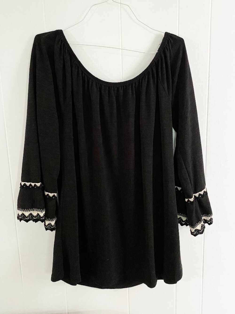 Long Sleeve Black Shirt - Wide Neckline, Off The Shoulder - Lace Accent - 2X